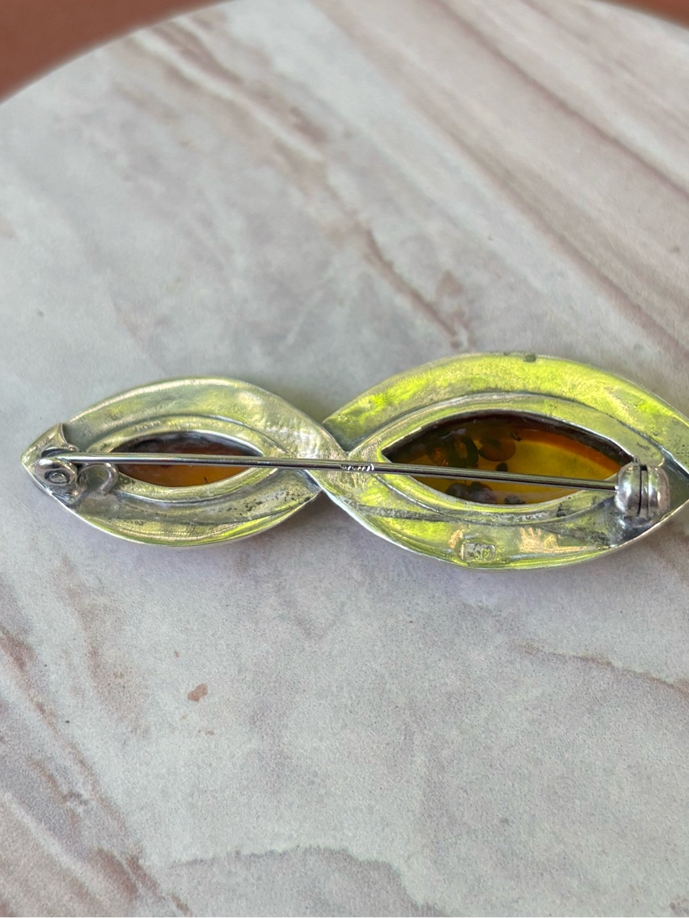Vintage 925 Sterling Silver Baltic Amber Brooch Pin Marquise Two Stone 6.17g 2” - Picture 4 of 8